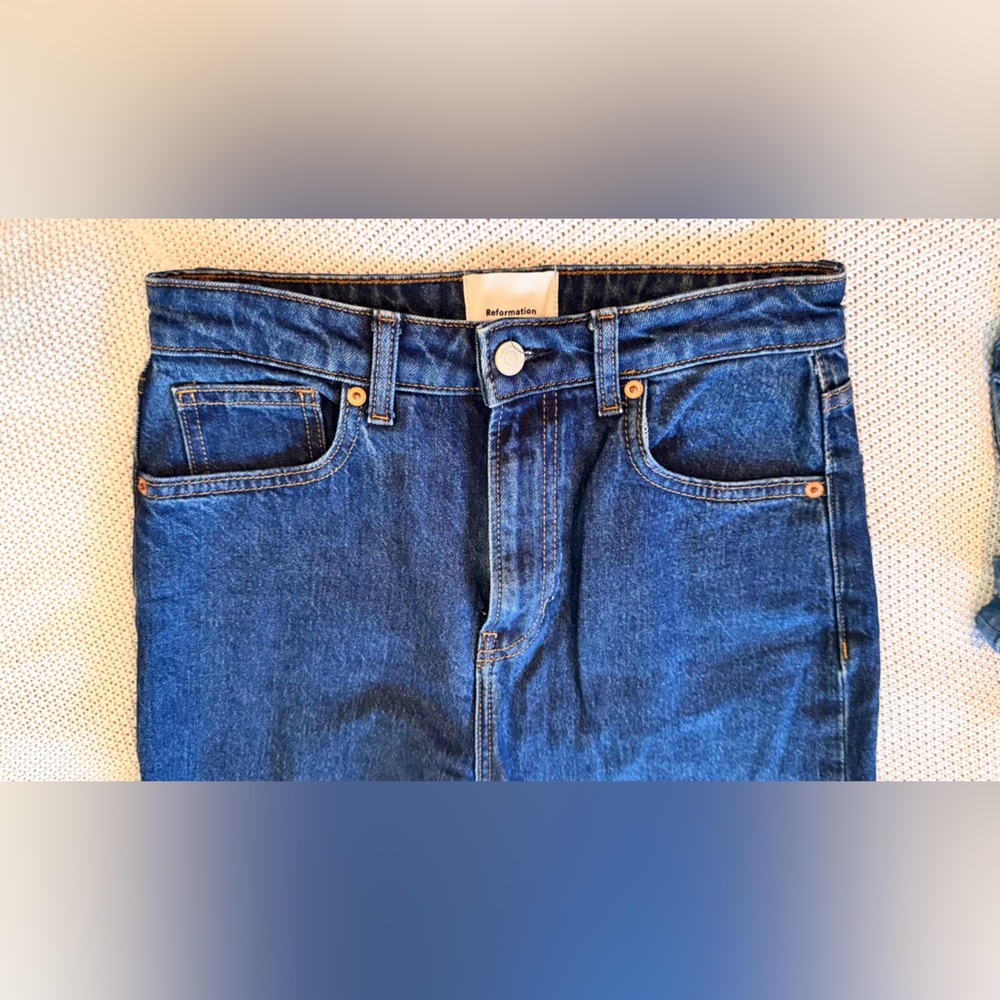 REFORMATION Jax Stretch High Rise Straight Jeans Dark Blue - Picture 12 of 16